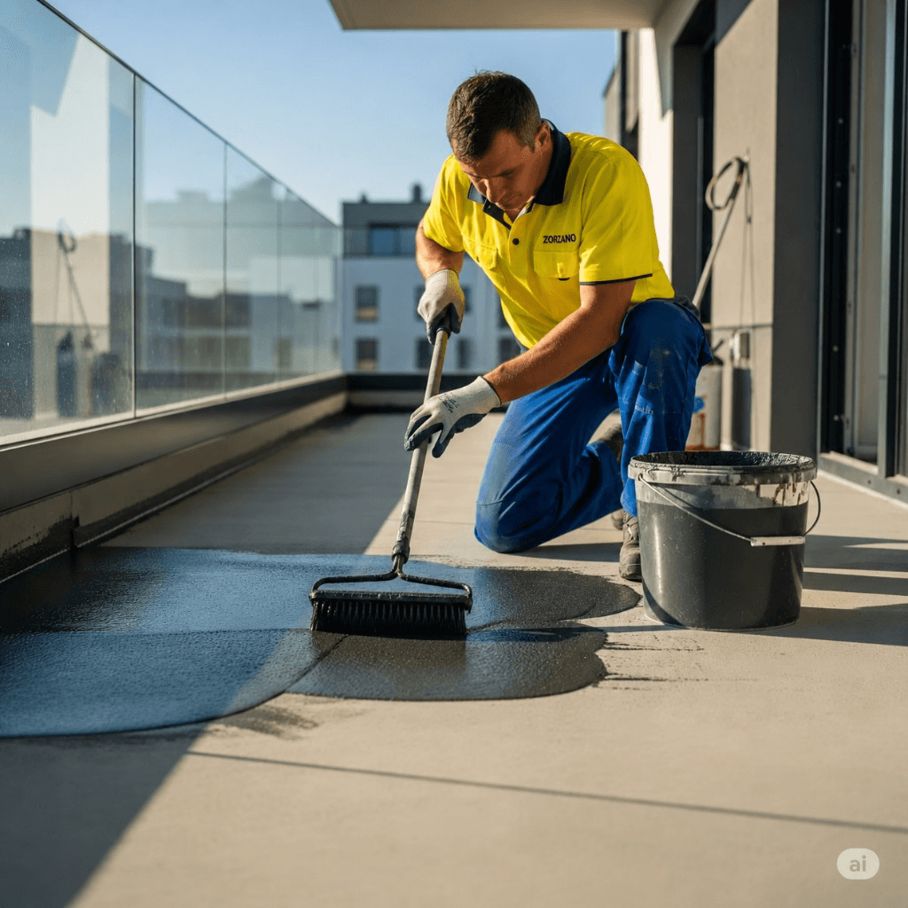 Applying waterproofing membrane to a balcony floor