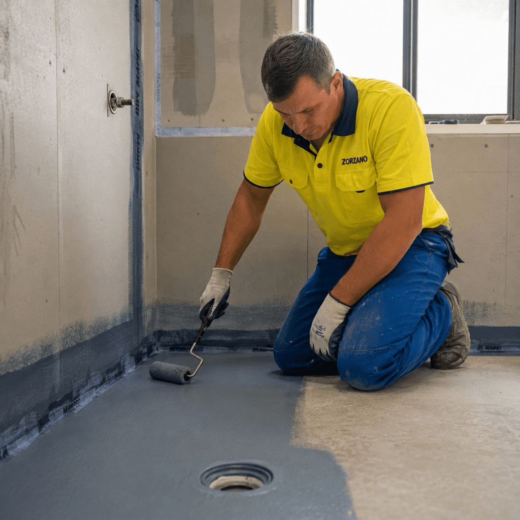 Applying bathroom waterproofing membrane around a floor drain
