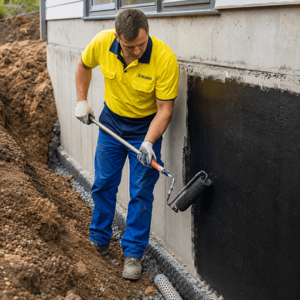 Applying a black waterproofing membrane to a concrete foundation wall