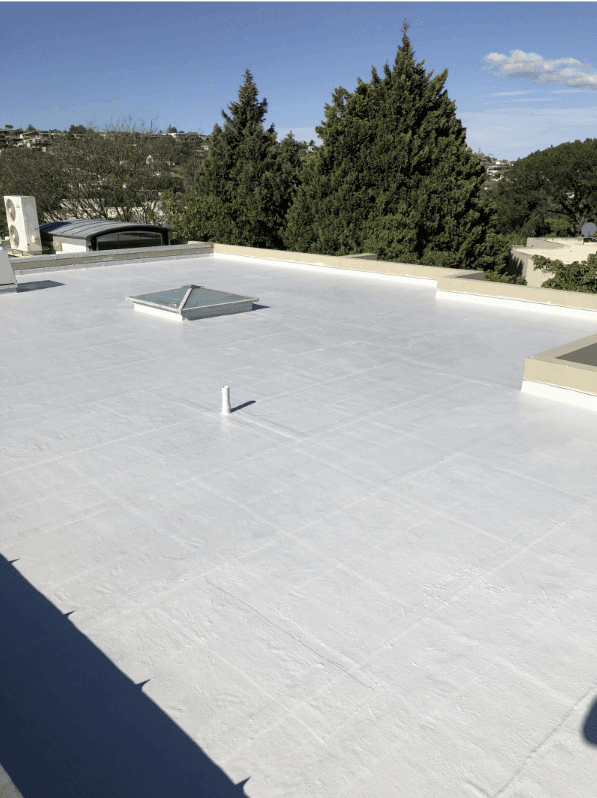 Refurbished flat roof with white waterproofing membrane and skylight at Carlisle St Rose Bay